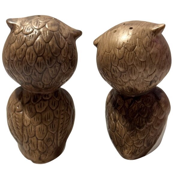 Vintage Owls Salt Pepper Shakers Stoppers Brown Ceramic Kitschy Korea 2.75" MCM - Picture 2 of 8